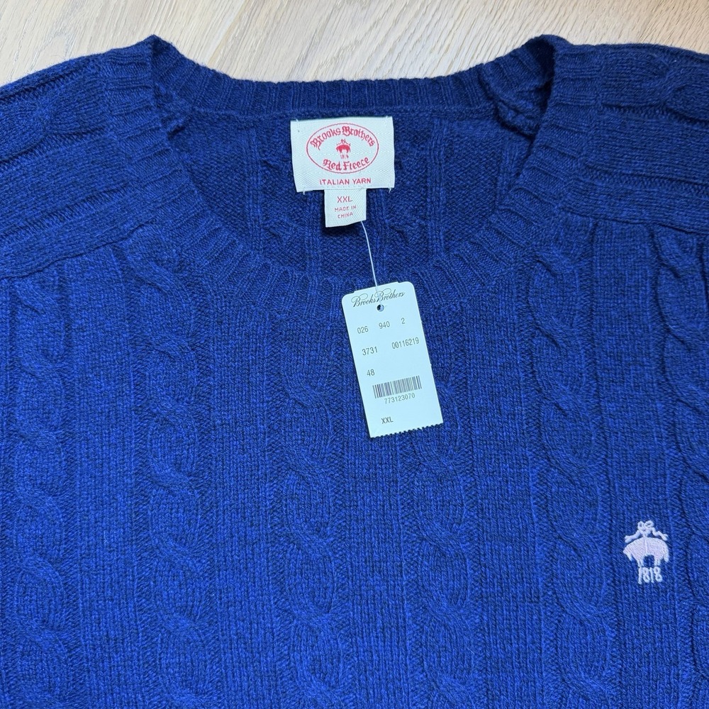 Brooks Brothers Italian Yarn Merino Wool Blend Blue Cable Knit Sweater Men's XXL